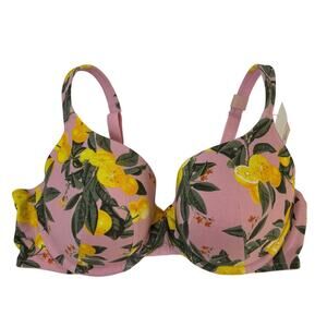 Cacique Cotton Boost Plunge Bra Size 40D Pink Leaves Lemon Breathable NWT